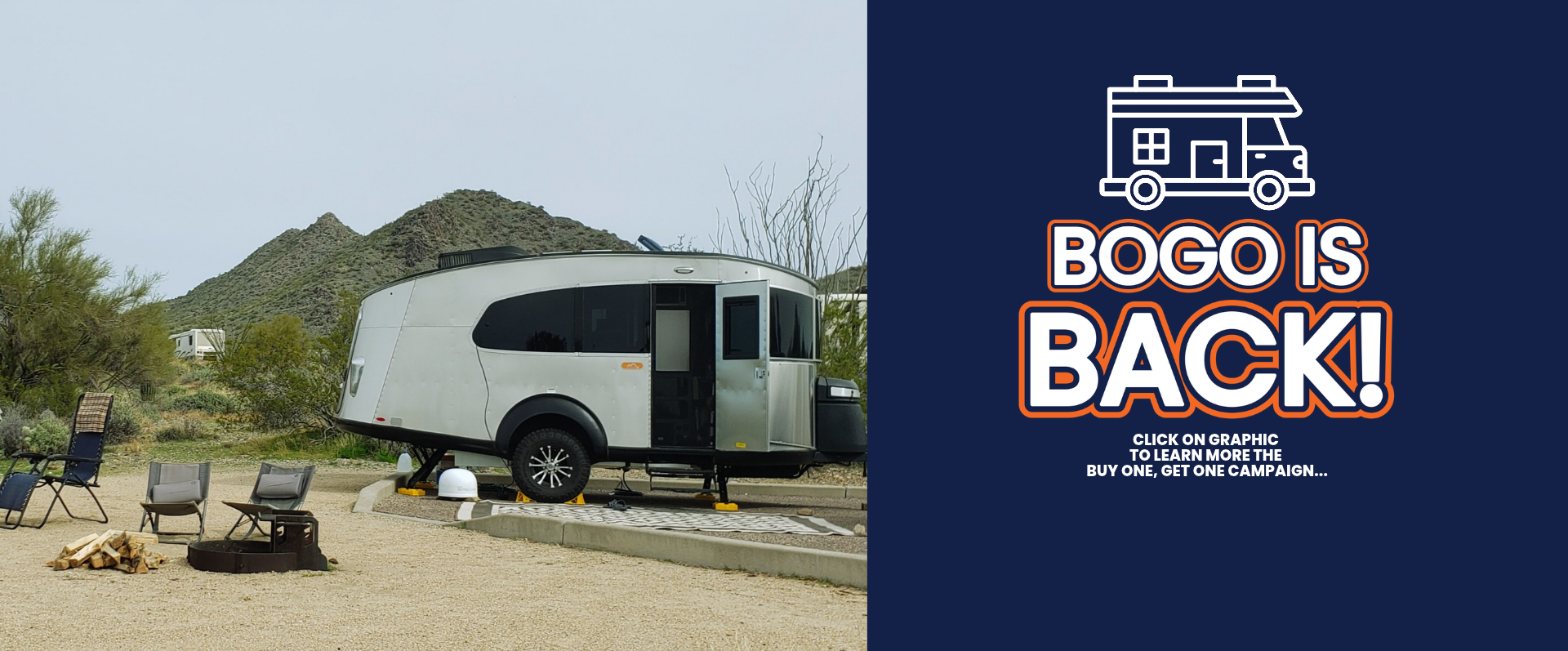 Maricopa County Parks BOGO camping promotion banner featuring a travel trailer at a desert campsite and announcing the Buy One, Get One camping offer from September 18 through October 31.