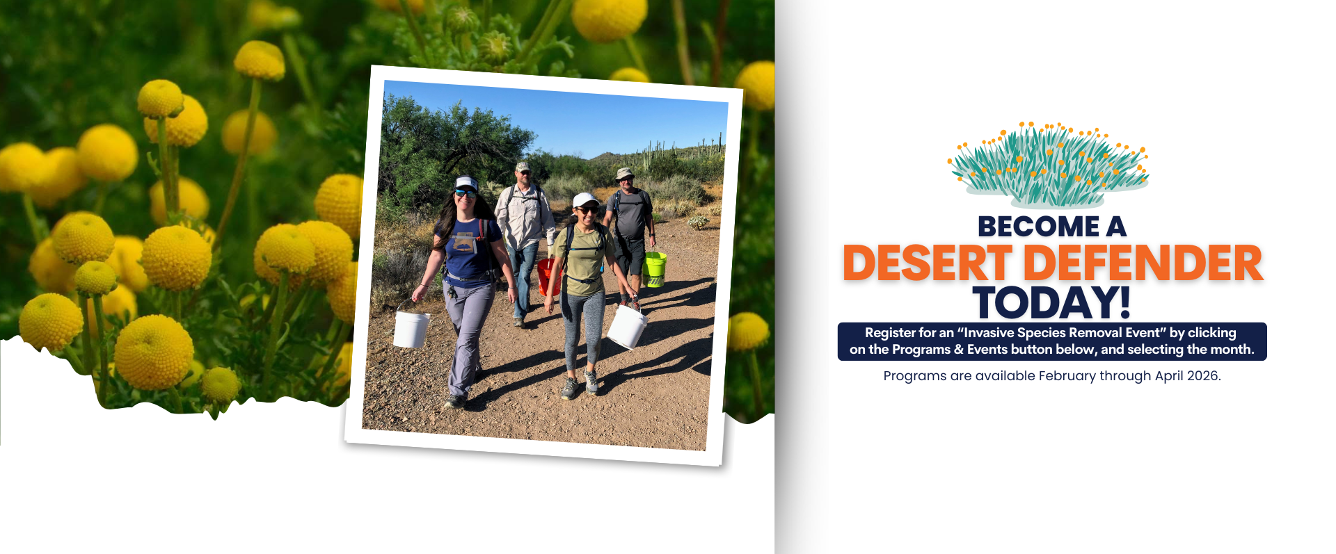 Eight Desert Defender volunteers sitting on a bench surrounded by bags of invasive species. 