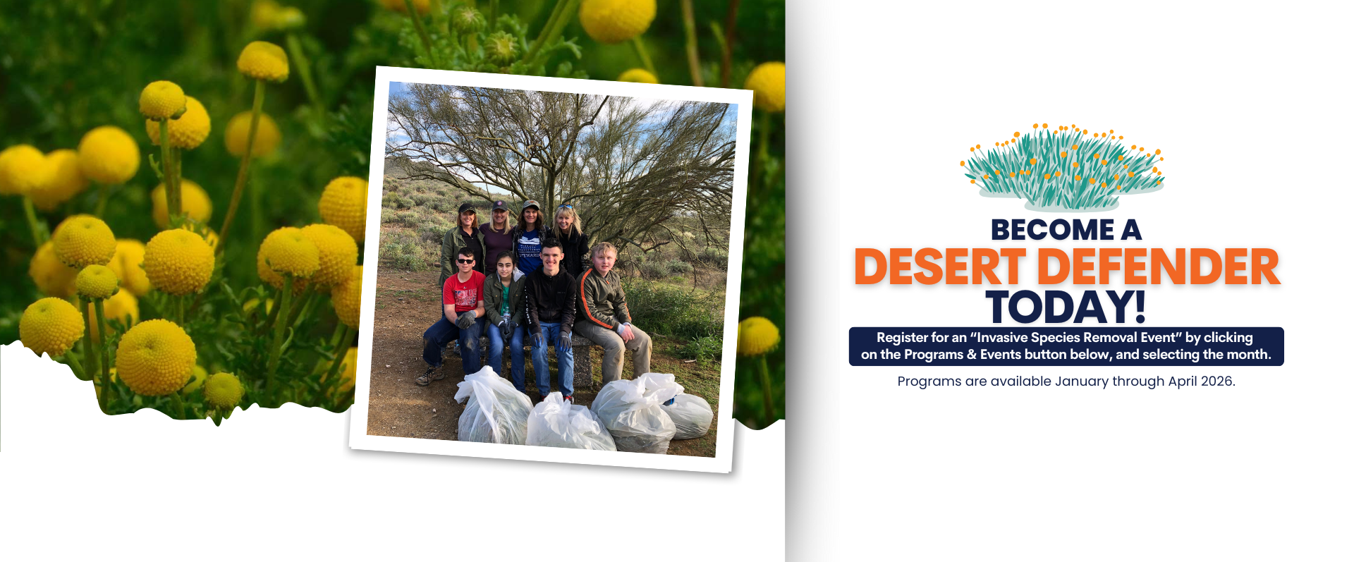 Eight Desert Defender volunteers sitting on a bench surrounded by bags of invasive species. 