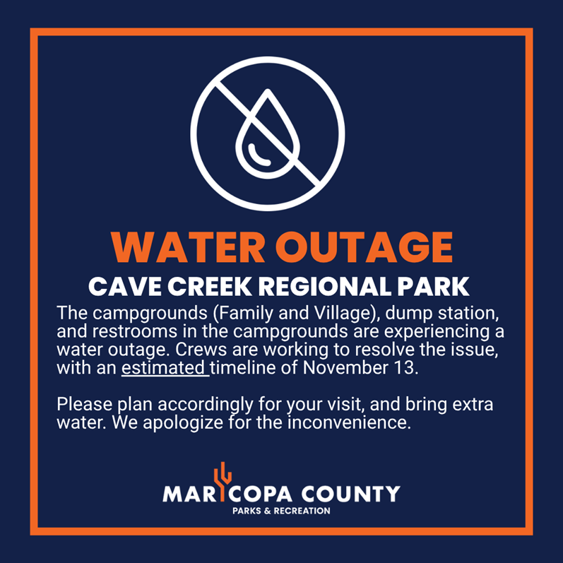 The campgrounds (Family and Village), dump station, and restrooms in the campgrounds are experiencing a water outage. Crews are working to resolve the issue, with an estimated timeline of November 13.   Please plan accordingly for your visit, and bring extra water. We apologize for the inconvenience. 