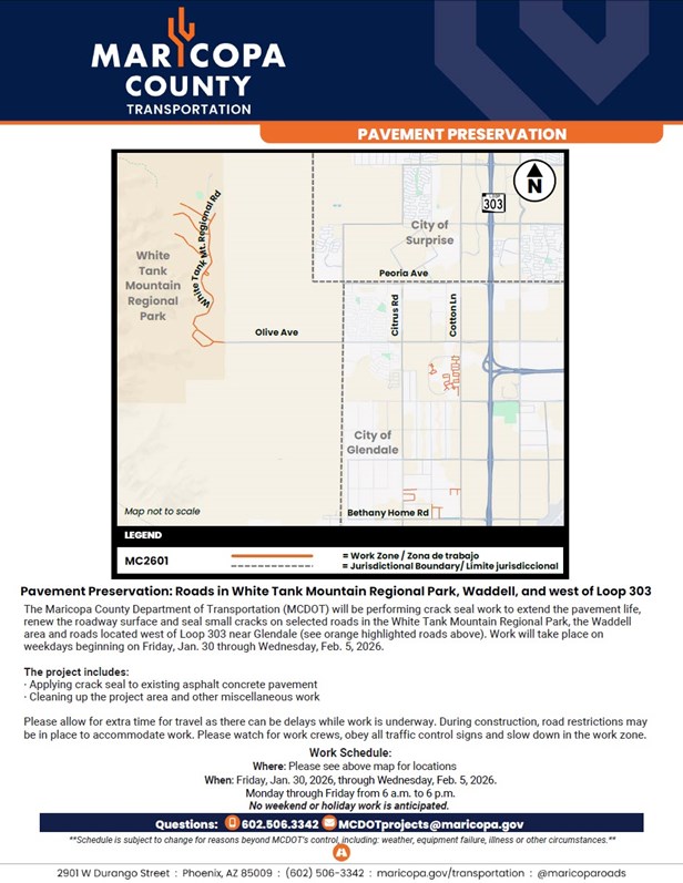 MCDOT Crack Seal Operations continue in White Tank and Waddell Areas. Context provided on page. English version.