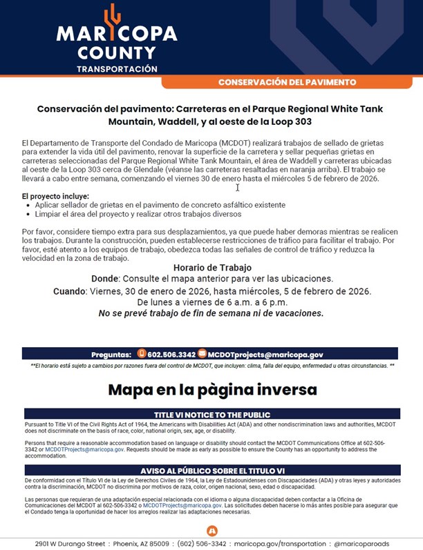 MCDOT Crack Seal Operations continue in White Tank and Waddell Areas. Context provided on page. Spanish version.