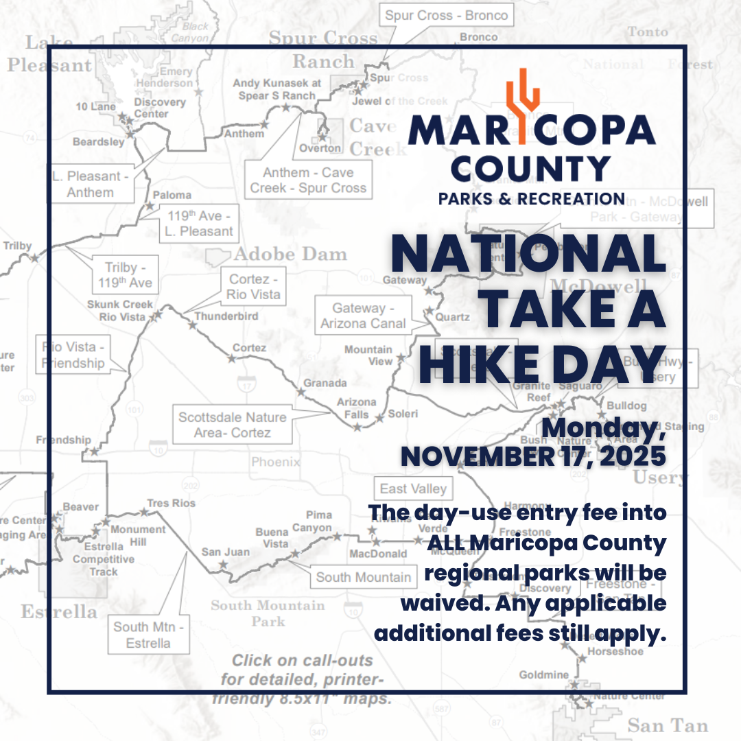National Take A Hike Day featuring a Maricopa Trail map in the background and date of the event.