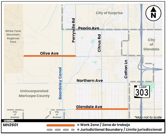 Pavement preservation project near Waddell map showing the entrance into White Tank under construction April 21 - 24.