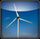 Wind turbine with three blades rotating against a clear blue sky.