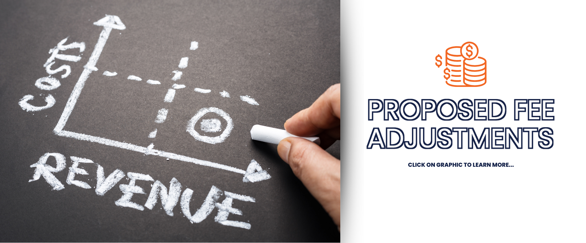Left side contains a photo of a cost and revenue drawing. Right side had orange coins at the top with the words Proposed Fee Adjustments below.
