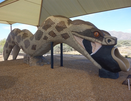 This nature-themed playground with a  rattlesnake slide, which is covered by a giant shade sail, can be found at McDowell Mountain Regional Park.