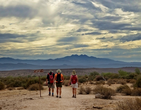 Three hikers walking along a desert trail with backpacks at McDowell Mountain Regional Park, under a cloudy sky, with distant mountain ranges visible on the horizon.