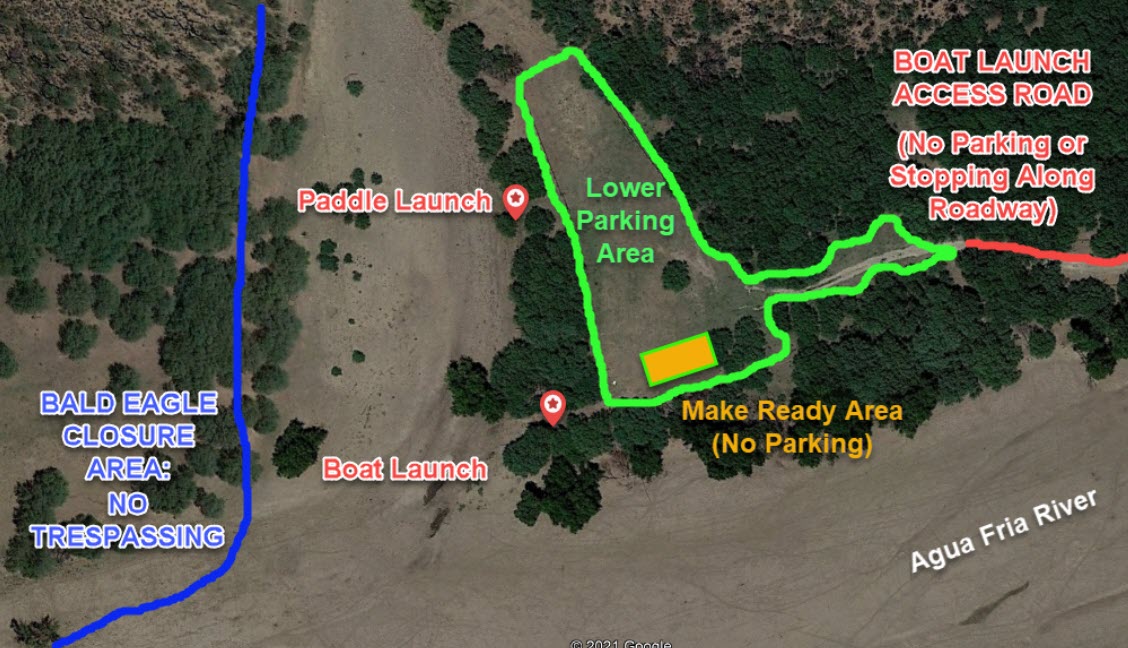 Map of the Agua Fria boat launch area showing paddle launch, boat launch, lower parking area, make-ready area, access road, and nearby bald eagle closure boundary.