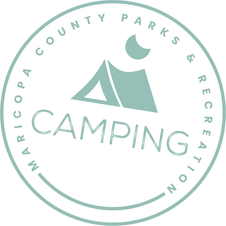 Circular light teal logo with a tent and moon icon reading “Camping” and “Maricopa County Parks & Recreation.”