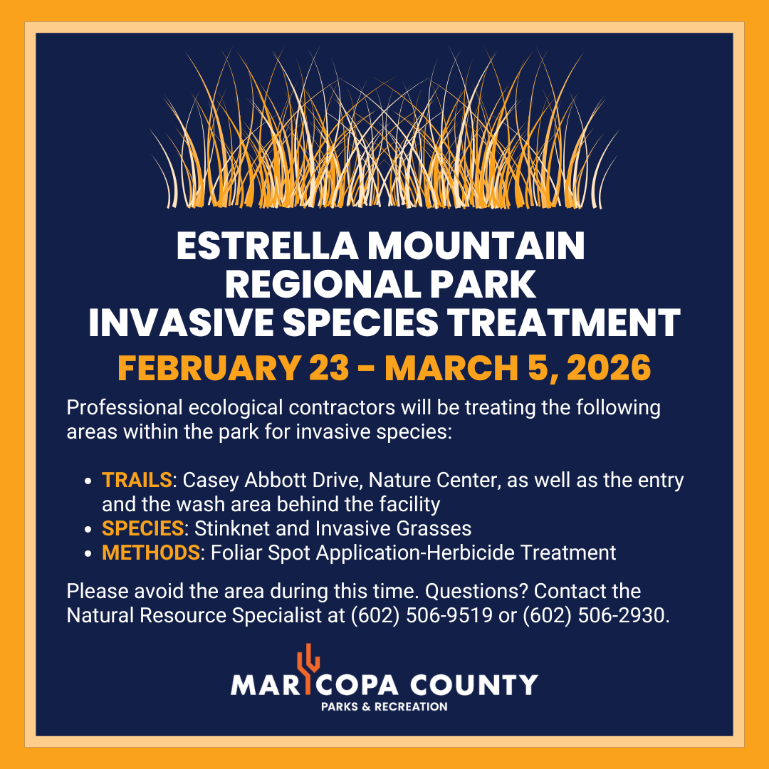 Invasive species treatment February 23 through March 5 along Casey Abbott Drive, the Nature Center, and wash area behind the facility. Avoid the area during this time. 