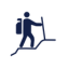 Navy icon of hikers on a moderate trail. Moderate trails are mostly smooth and vary in width with dirt, unevenness, rocks, and ruts. 