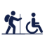 A navy blue hiker and an individual in a wheelchair. This icon represents a trail with no obstacles and is the easiest trail. 