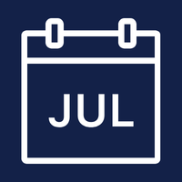 The month of July with a navy blue background and a white calendar icon.