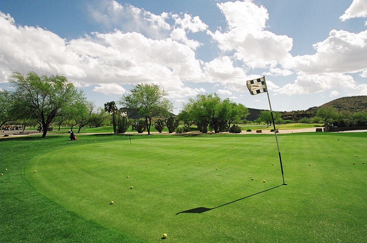 Adobe Dam-500 Golf Club - Putting green with a ball next to a black and white checkered flag.