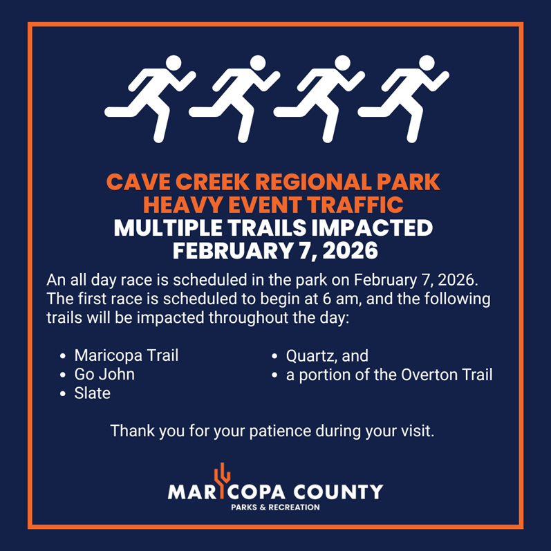 Heavy traffic event notice that features four white icons of people running. 