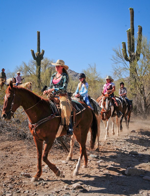 Group of horseback riders traveling along a rocky desert trail with saguaro cacti and mountain backdrop at Estrella Mountain Regional Park.