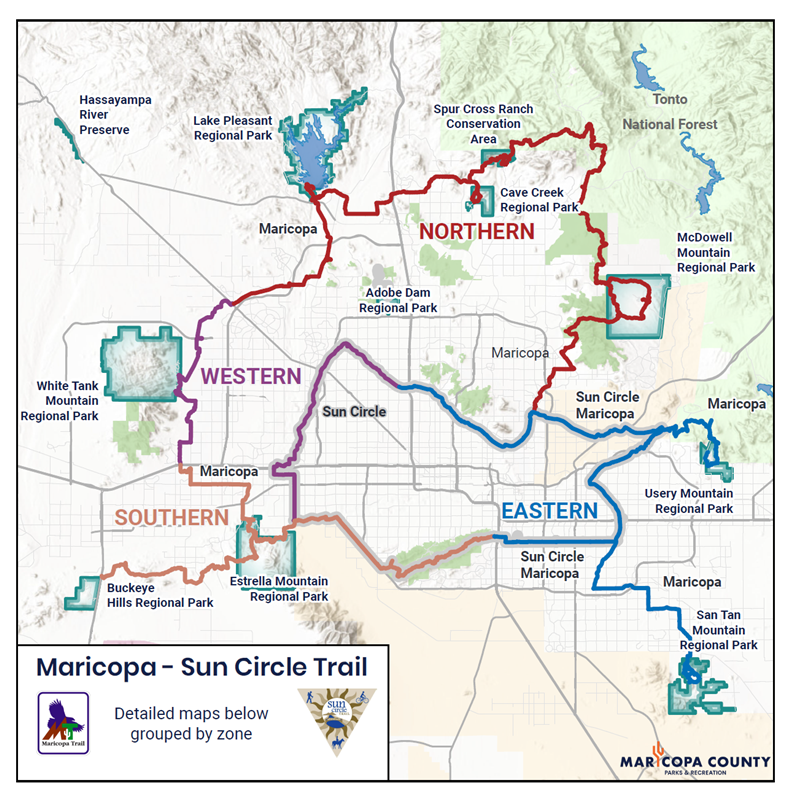 Map of the Maricopa Trail and Sun Circle Trail showing northern, southern, eastern, and western sections connecting regional parks throughout Maricopa County.