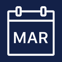 The month of March with a navy blue background and a white calendar icon.