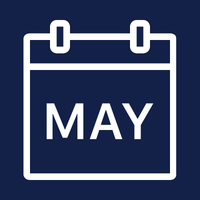 The month of May with a navy blue background and a white calendar icon.
