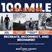 Graphic promoting Maricopa County Parks & Recreation’s 100 Mile Challenge. Black-and-white photos show participants hiking, trail running, horseback riding, and mountain biking. Participants complete 100 miles hiking or running or 200 miles horseback riding or mountain biking. Text reads, “Recreate, Reconnect & Recharge! Explore Maricopa County’s regional parks.”