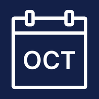 The month of October with a navy blue background and a white calendar icon.