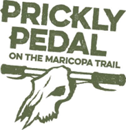 Prickly Pedal on the Maricopa Trail logo featuring stylized text above a skull graphic with bicycle handlebars.