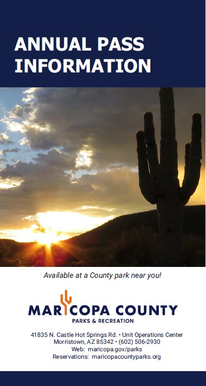 Brochure titled “Annual Pass Information” featuring a sunset behind a saguaro cactus and Maricopa County Parks and Recreation contact details.