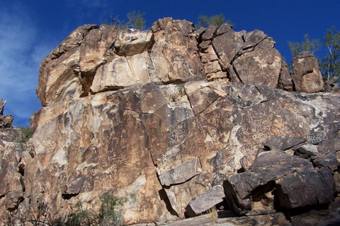 Large rock face covered with numerous petroglyphs in a desert landscape under a clear blue sky at White Tank Mountain Regional Park.