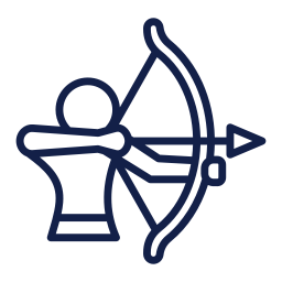 A navy blue icon of a person with a bow and arrow. 