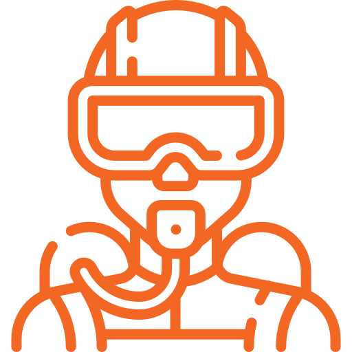 Bright orange scuba diver icon showing a diver wearing a mask, regulator, and breathing equipment.