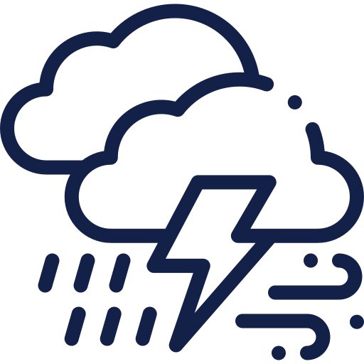 A navy blue weather safety icon showing storm clouds, lightning, rain, and strong wind.