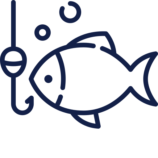 A navy blue Fishing icon showing a fish next to a fishing hook and line.