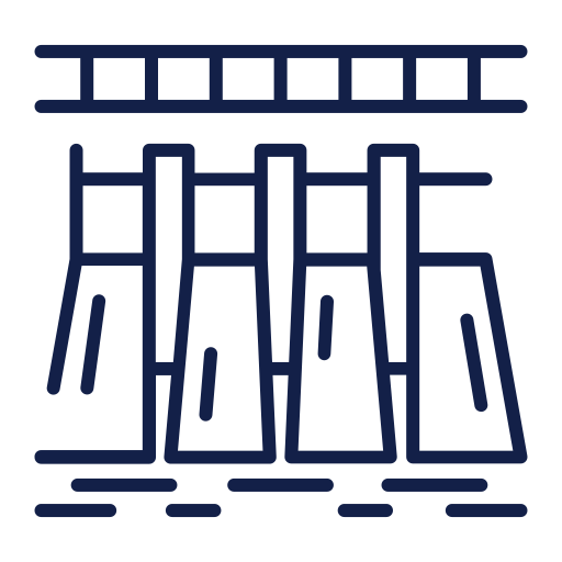 Navy blue icon of a dam being used for flood control.