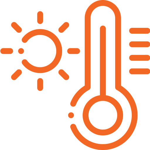 An orange icon of a sun and thermometer representing heat or high temperatures.