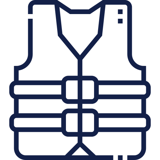 A navy blue life jacket safety icon showing a personal flotation device with front buckles.