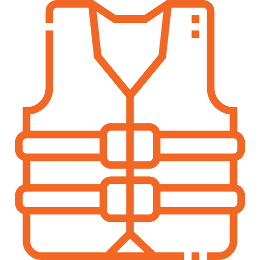 A bright orange life jacket safety icon showing a personal flotation device with front buckles.