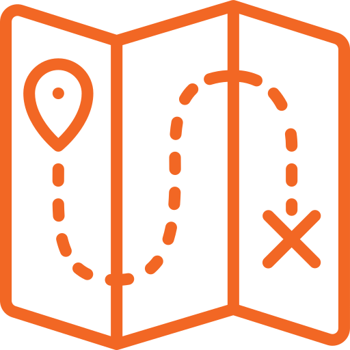 Bright orange icon of map icon showing a folded map with a location pin and dotted route ending at an X marker.