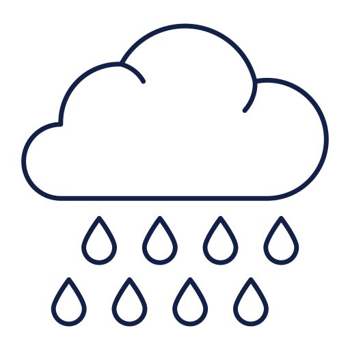 Blue icon of a cloud with water drops falling from it. 