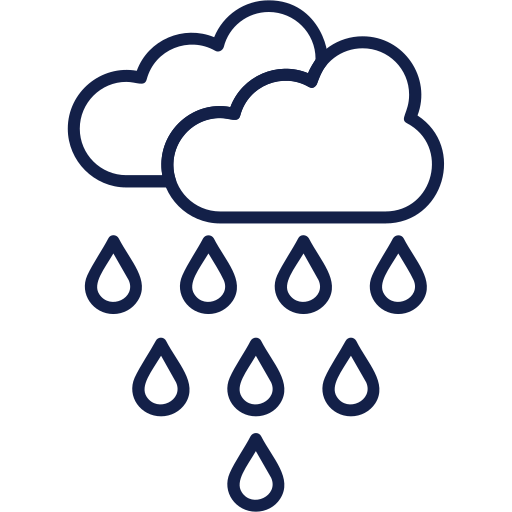 Navy blue icon of clouds with falling raindrops, representing rain or monsoon weather.