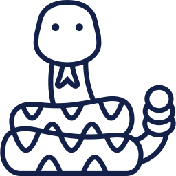 Navy blue coiled rattlesnake icon with raised head and rattle in simple line style.