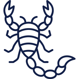 Navy blue icon of a scorpion showing off his pinchers.