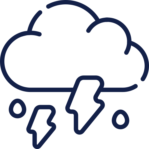 Navy blue icon of a cloud with lightning bolts and raindrops, representing a thunderstorm.